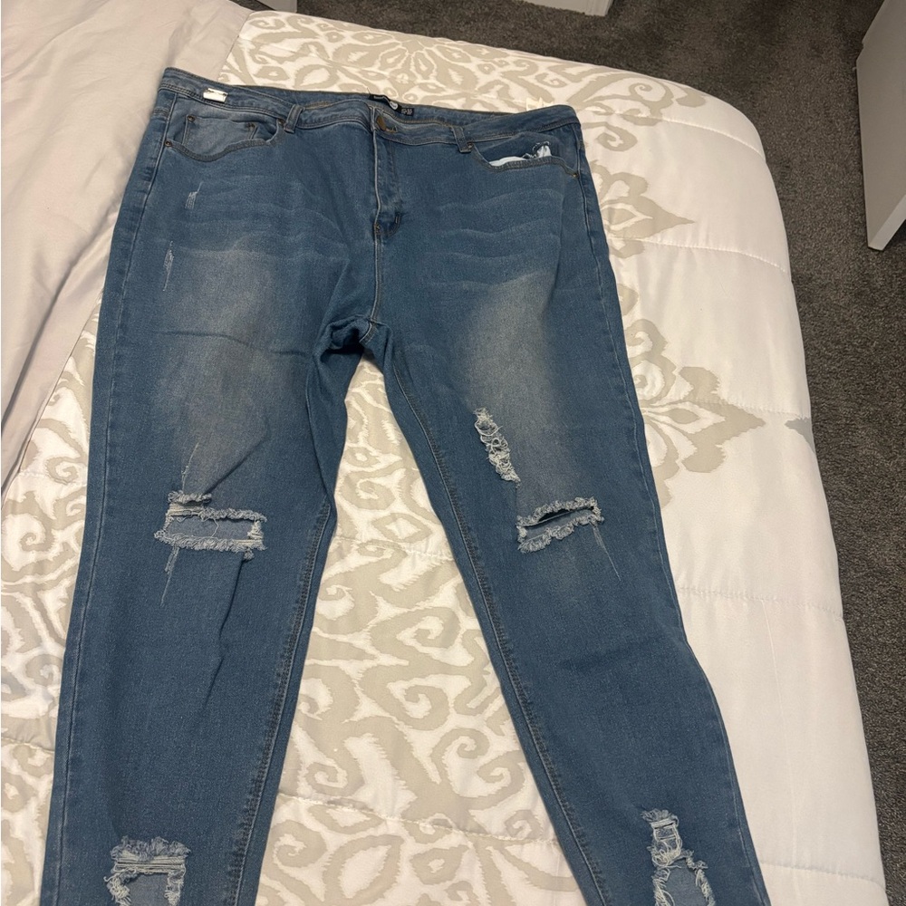 Boohoo Plus Blue Skinny Distressed Jeans